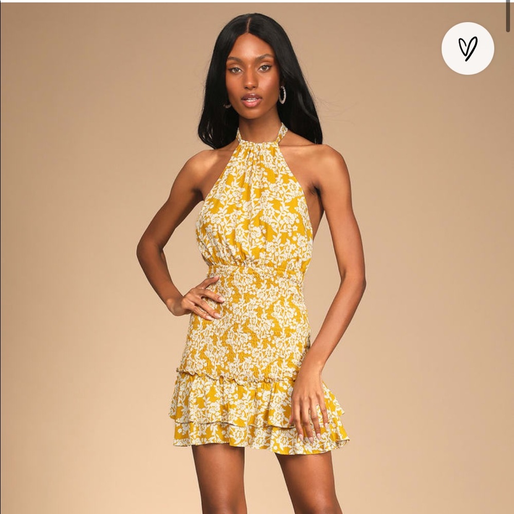 Yellow Floral Print Smocked Halter Mini Dress